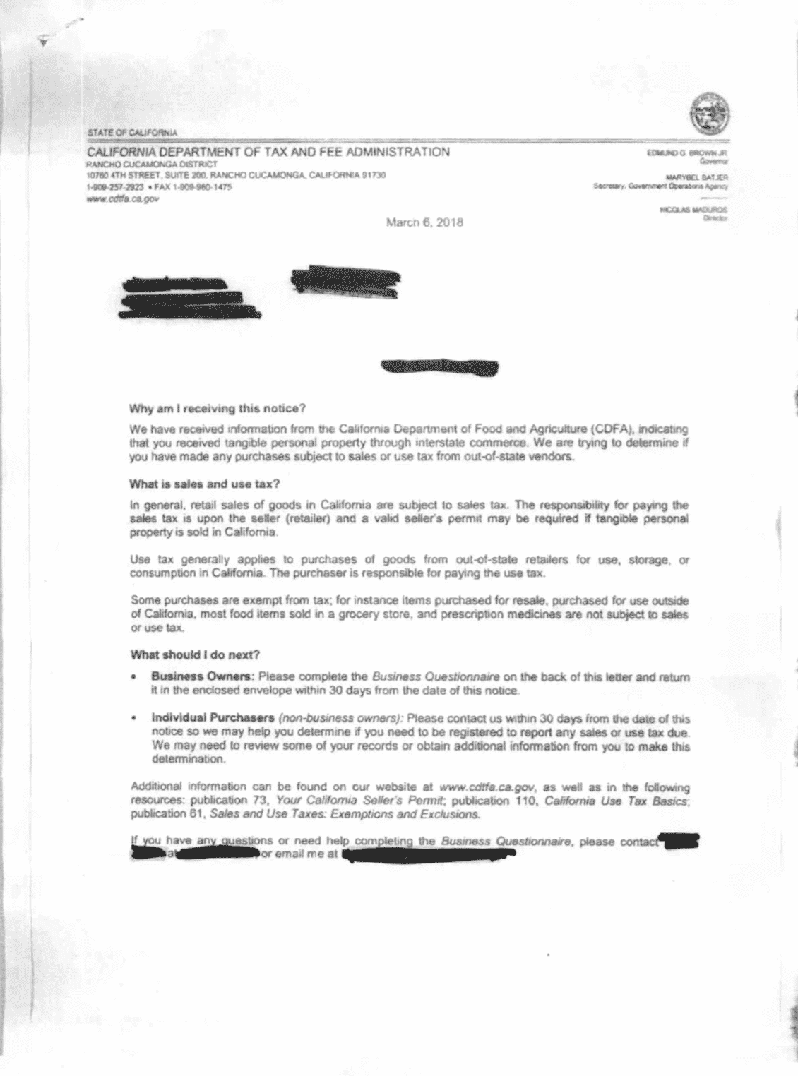 CDTFA Inquiry Letter